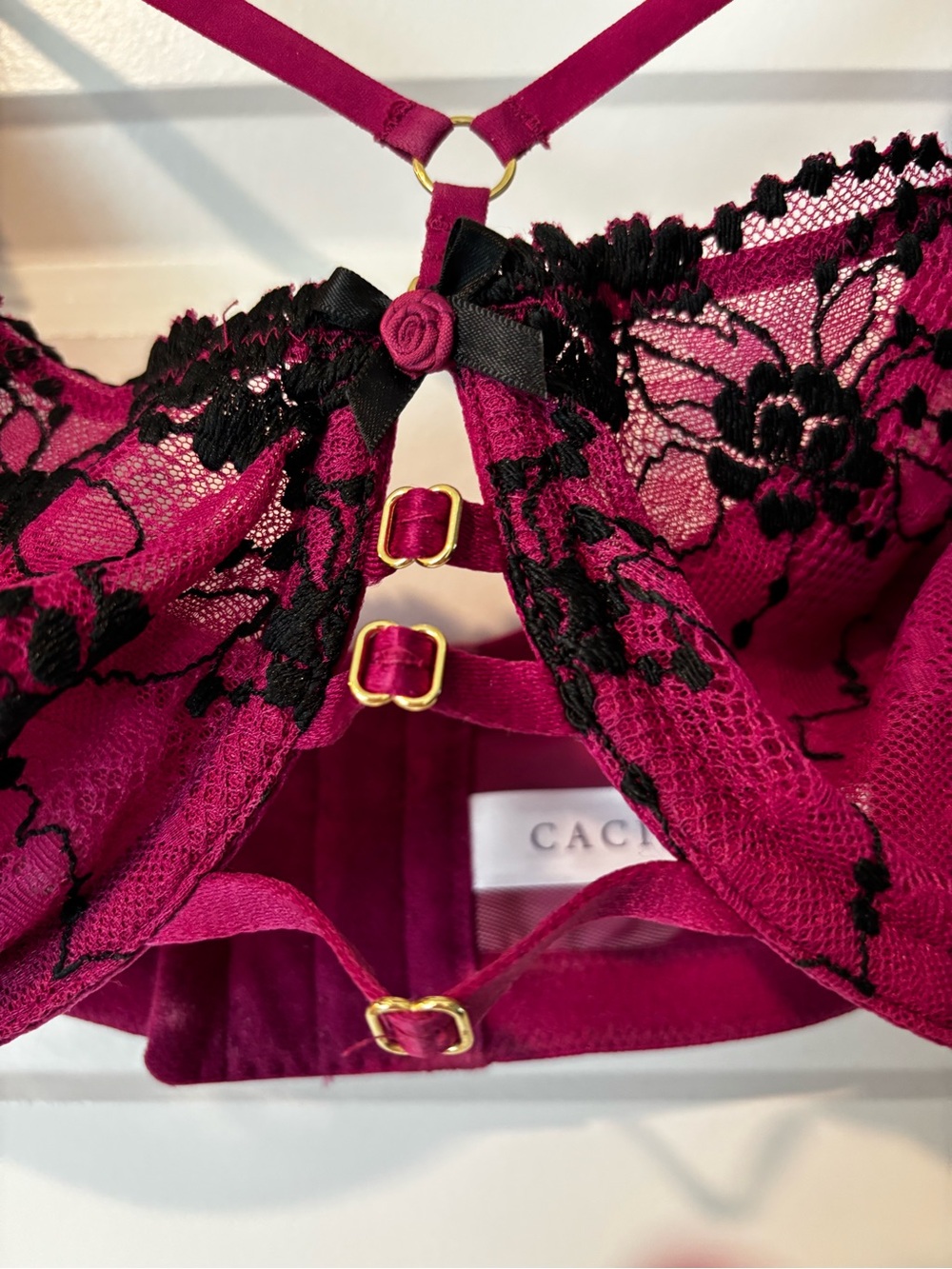 Cacique Burgundy Lace Balconette Bra with Black Floral Overlay - Picture 2 of 2